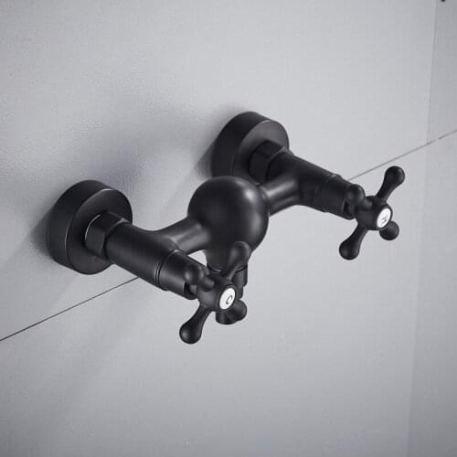 Washing Machine Faucet Hot & Cold Wall Mounted Bibcock Solid Brass Outdoor Mixer Tap Black Baking 2 Handle 4" & 6" Dual Use