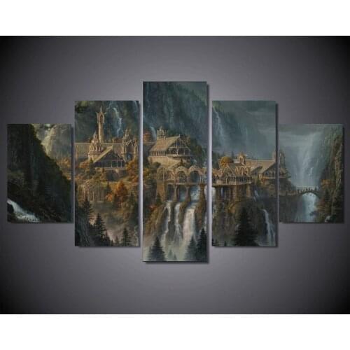 Modern Home Wall Art Decor Canvas Picture HD Print 5 Pieces Mysterious Mountain Castle Waterfall Landscape Painting Unframed