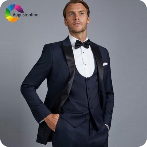 Navy Blue Mens Classic Wedding Suits Black Peaked Lapel Slim Fit Groom Tuxedo Groomsmen Suit Man Blazer 3Piece Costume Homme