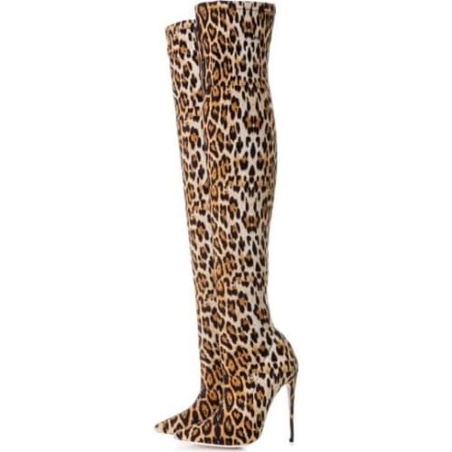 Spring Woman Elastic Cloth Leopard 12 cm Heels Over The Knee Boots Ladies Pointed Toe Slip On Slim Thigh High Long Boots Shoes