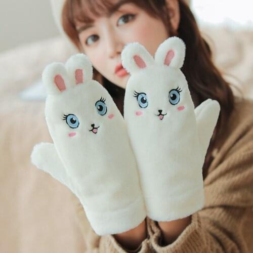 Ladies Plush Gloves Cartoon Cute Half-finger Flip Winter Warm Full-finger Double Finger Thicken Finger