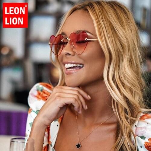 LeonLion Heart Sunglasses Women Rimless Sunglasses Women Candy-colored Pink Gradient Sun Glasses Okulary Vintage Oculos Feminino