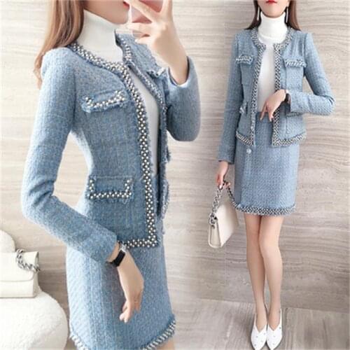 Fashion Woolen Plaid suit women spring New High-end temperament casual woolen coat + skirt two-piece suit women