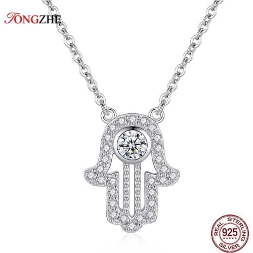 TONGZHE Lucky Hand Hamsa 925 Sterling Silver Necklace Women Lucky Fatima Long Chain Initial Necklace Turkey Jewelry Gift
