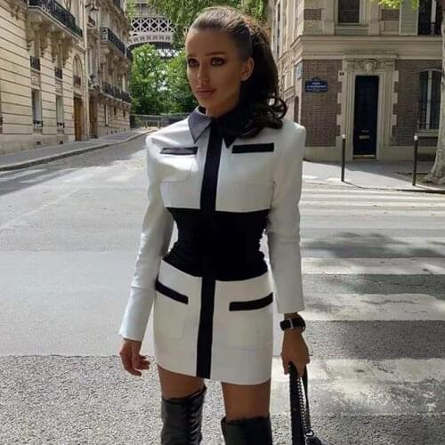 2020 Autumn New WomenS Bodycon Dress Sexy Lapel Long Sleeve Stitching Pocket Celebrity Club Evening Party Dress Vestidos