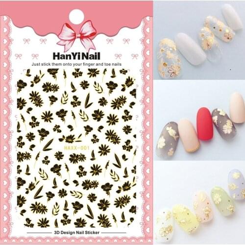3D nail art sticker self glue black white gold colors wave lines flowers maple leaves geometric self glue slider decal HY006