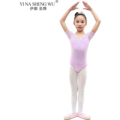 Ballet Short Sleeve Leotard Costome for Kids Girls Gymnastics Leotard Back Lace Style Dance Tutu Childrens Performance Leotard