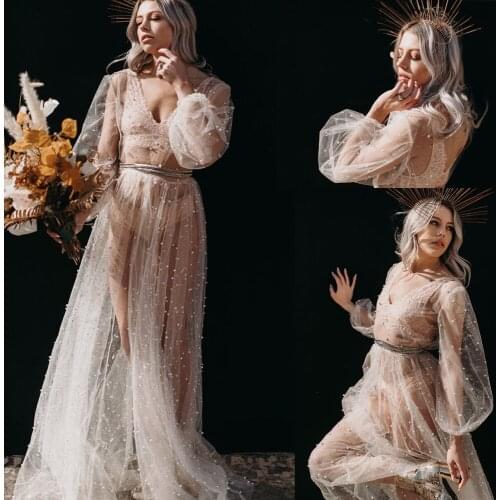 Sparkly Sequined Pearls Wedding Sleepwear Long Night Gown For Women Custom Made Bridal Pajamas Maternity Dress for Photoshoot