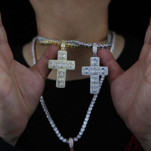 Hip Hop Bling Men Jewelry Top Quality 5A Cubic Zirconia Sparking Bling CZ Cross Necklace Ice Tennis Chain HIPHOP Rock Boy Chains