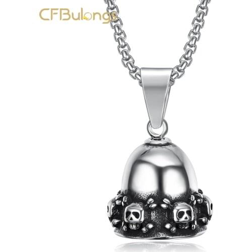 CFBulongs New Silver Color Stainless Steel Bell Pendant Retro Cool Skull Mens Necklace Pendant Fashion Jewelry Wholesale