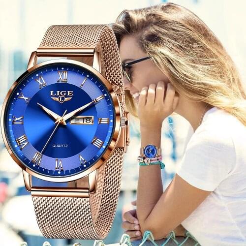 Women Watch Bracelet Casual Simple Waterproof Rose Gold Stainless Steel Mesh Wrist Watches Ladies Waterproof Quartz Female Clock