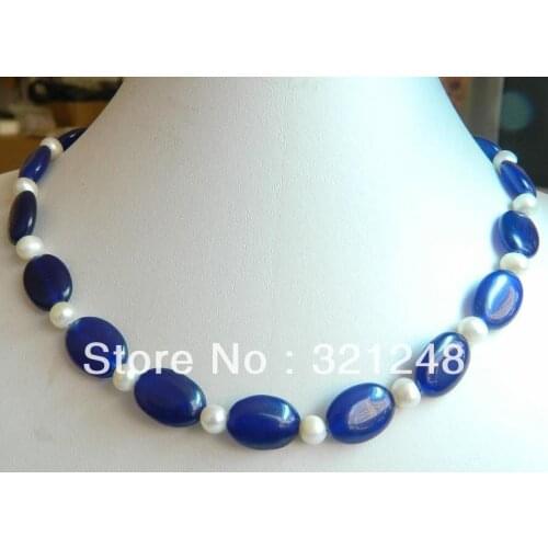 Diy beautiful 13x18mm oval blue natural stone chalcedony round cultured pearl beads necklace jewelry making 18inch MY2324