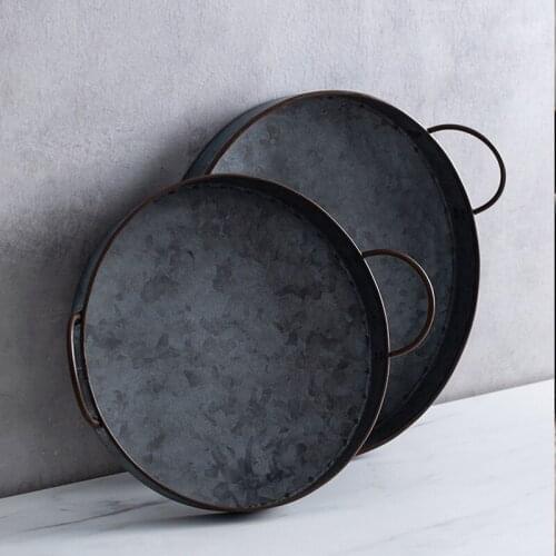 European Retro Round Iron Plate With Handles Metal Vintage Bread Tray Home Decoration Garden Restaurant Table Photographing