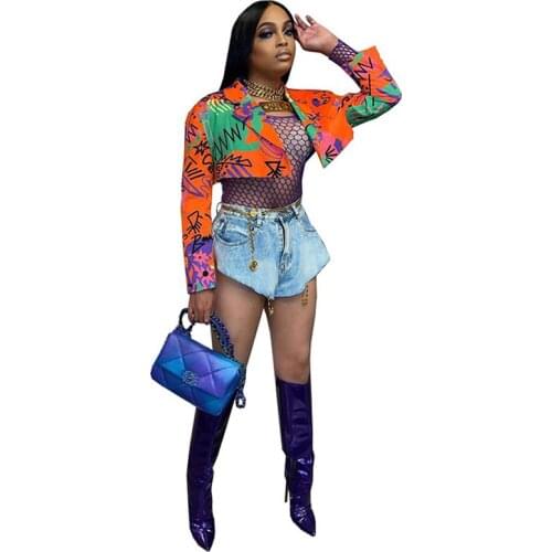 Graffiti Printed Hipster Blazer Jackets for Women Sexy Cool Girl Full Sleeve Cropped Coat Streetwear Orange Short Outerwear