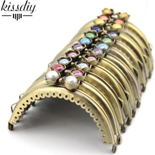 KISSDIY 10 pcs 8.5cm Lotus Head Antique Bronze Glossy Metal Purse frame Semicircle colorful bead Kiss clasp DIY bag accessories