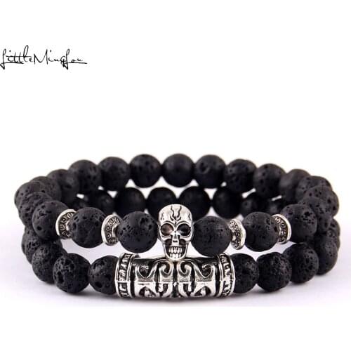 Little MingLou 2 pcs/set skull Head Lava Turquoises Natural Stone Beads Men Bracelet Set Charm bracelets bangles