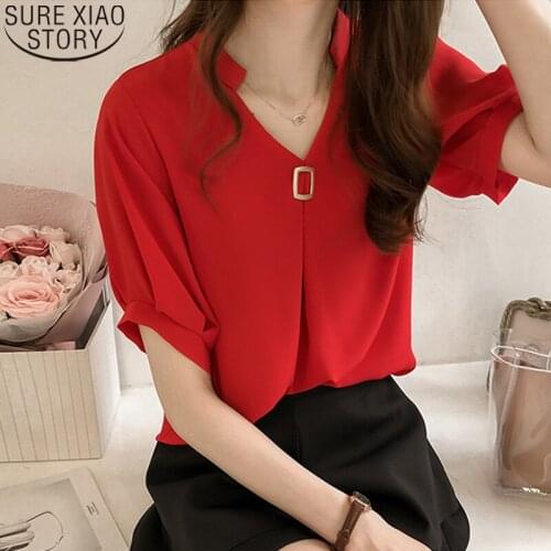 Fashion Women 2021 Summer V-neck Short Sleeve Chiffon Blouses Women Shirts Casual Plus Size Loose S-4XL Ladies Tops Blouse 9313