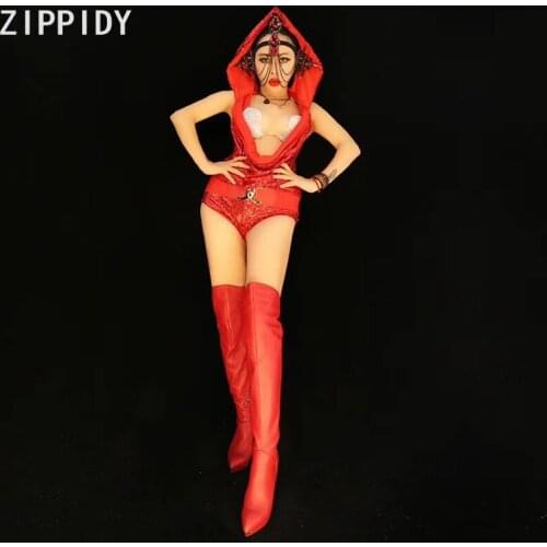 Fashion Red Rhinestones Hooded Bodysuit Belt Womens Celebrate Outfit Nightclub Wear Women Singer DS Dancer Clothes