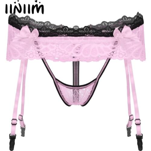 Mens Lingerie Sissy Skirted Panties G-String Lace Sexy Thongs Briefs Underwear Bowknot Crotchless T-Back Adjustable Garter Belt