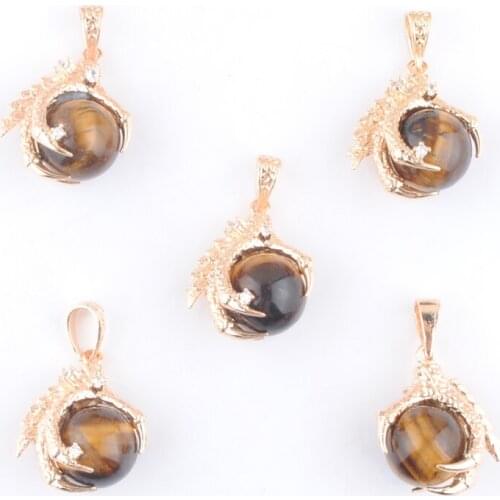 Wholesale 5Pcs/Lot Tigers Eye Stone Pendants Dragon Claw Charm Round Ball Bead Crystal Reiki Chakra Jewelry TN3093