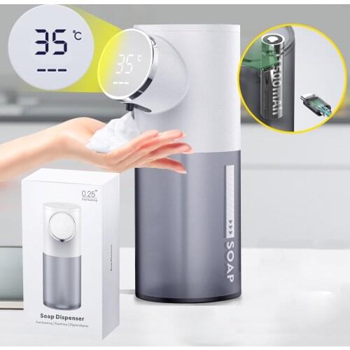Rechargeable Automatic Foam Soap Liquid Dispenser Touchless Infrared Sensor Pump Hand Sanitizer Temperature Display for Bathroom