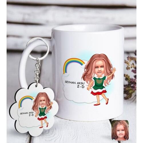 Personalized Girls Primary School Student Caricature Of White mug And Keychain Gift Seti-2