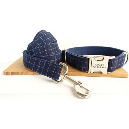 Personalized Pet Collar Customized Nameplate ID Tag Adjustable Blue Suit Pliad Cat Dog Collars Lead Leash Set