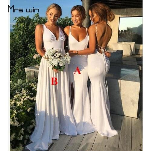 Mrs win Bridesmaid Dress Mermaid Deep V Neck Sling White Vestido Madrinha HR231 For Girls Bohemia Long Wedding Party Gowns 2020