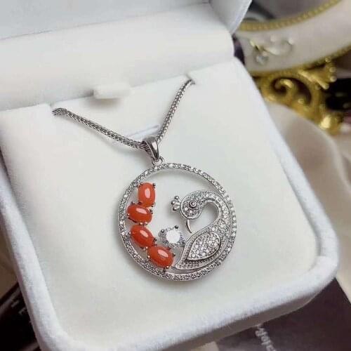 Real 925 Sterling Silver Natural Red Coral Peacock Pendant Necklace Fashion Fine Wedding Jewelry For Women Free Shipping