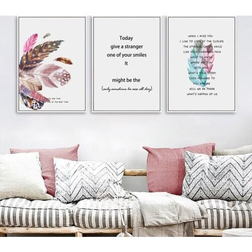 Nordic Poster Abstract Wall Art Canvas Painting Pink Feather Quote Scandinavian Decoration Picture For Home Living Room Decor