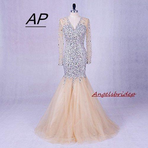 ANGELSBRIDEP Luxury Crystal Long Sleeves Wedding Dress 2021 Bridal Gowns Sexy Formal V-Neck Mermaid Bride Desses Custom Made