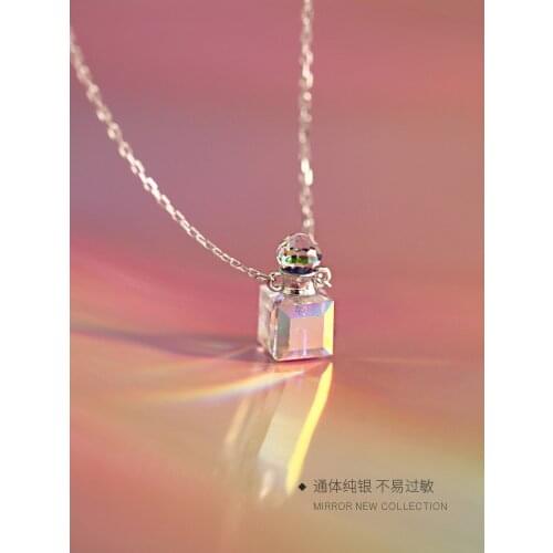 S925 Silver Perfume Bottle Necklace Cube Aurora Dazzling Crystal Girl Heart Personality Creative Collarbone Chain Necklace