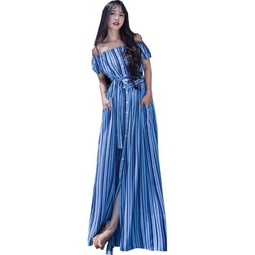 Summer style slash neck vertical strip chiffon long dress women sexy split beach boho maxi vestidos