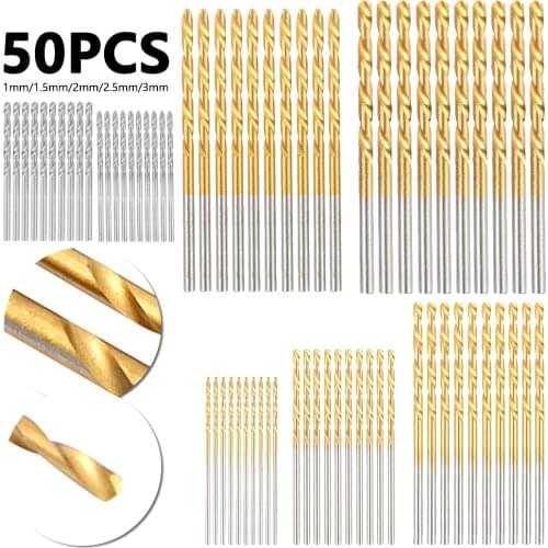 50pc 1/1.5/2/2.5/3mm Titanium Coated Drill Bits High Quality HSS High Speed Steel Drill Bits Set for Woodwork Metal Reamer Tools