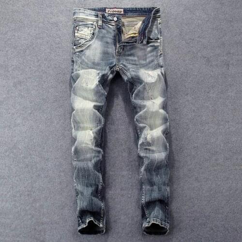 European American Vintage Fashion Men Jeans Retro Wash Slim Fit Ripped Jeans Men Distressed Scratch Designer Casual Denim Pants