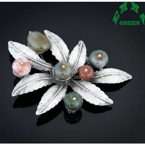 Flower Pins for Women Elegant Leaf Brooch Pin Agated Stone Pin Dress Accessories Brooch Pins 70mm Silk Scarf Buckle Clip Pin