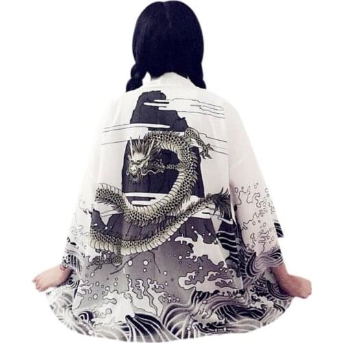 EFINNY Vintage Summer Women Cardigan Dragon Waves Printed Chiffon Sun Protection Kimono Shirt Outerwear