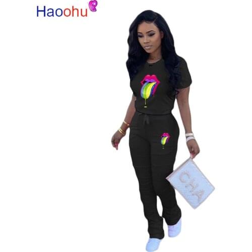 HAOOHU Women Sport Lips two piece set Tracksuit O-neck T-shirt Stacked Bell Bottom Jogger Suit Sweatpants Matching Set outfits