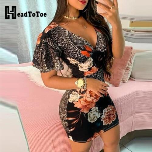 Floral Print Plunge Bodycon Dress Women Short Sleeve Summer Dress