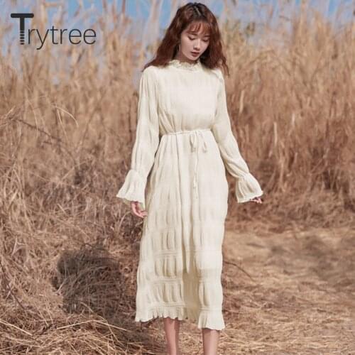 Trytree 2021 Spring Summer Womens Dress Casual Ruffled Collar Butterfly Sleeve Solid A-line Elegant Mid-Calf Office Lady Dress