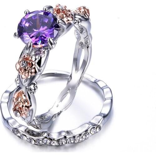 2Pcs/Set Geometric Shaped Purple Crystal Ring Set Stainless Steel Silver Color Rings For Women Luxury Jewelry Birthday Gift