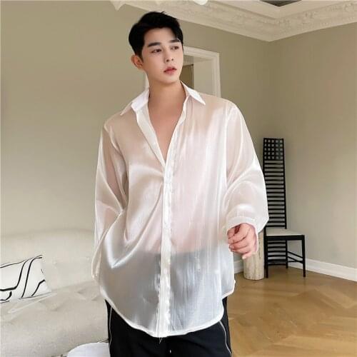 2021 spring Korean style unique Tulle silky shirts men casual loose solid color Sunscreen shirts for men,size M-XXL