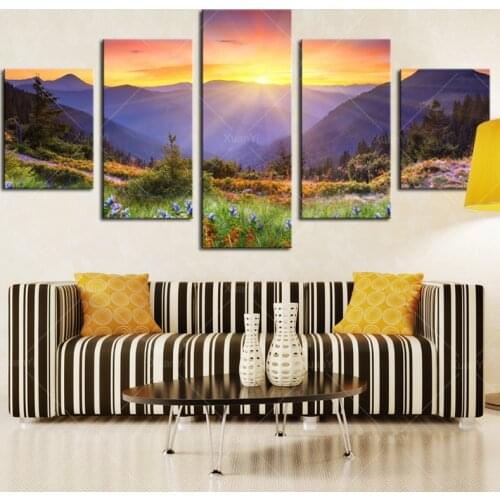 5 Panel Modern Prints Landscape Mountains Painting Picture Canvas Wall Art Sunset Paintings For Living Room Unframed PR1040