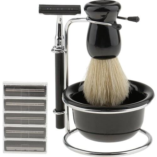 5 in 1 Black Shave Stand +Bristle Brush+ Bowl +Safety Razor +BladesTravel Set for Men
