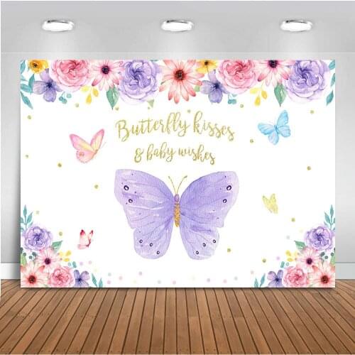 Avezano Butterfly Kisses Backdrop Baby Wishes Floral Photo Background 7x5ft Purple Flowers Girls Baby Shower Party Decoration Su
