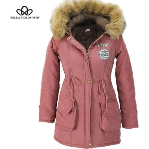 Bella Philosophy Winter Women Parkas Jackets Coats Faux Fur Hooded Collar Casual Long Cotton Wadded Laidies Overcoat