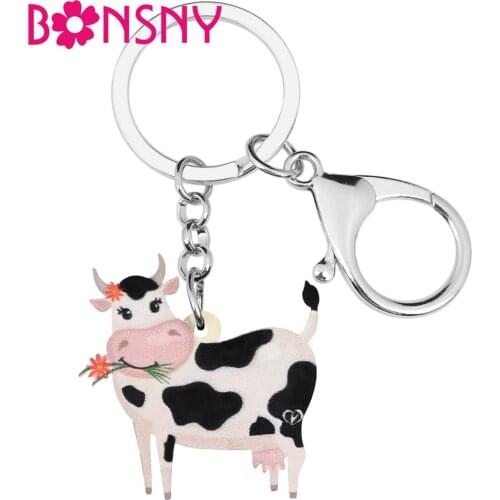Bonsny Acrylic Flower Dairy Cattle Cow Key Chains Animal Key Rings For Women Lady Girl Teen Bag Car Purse Decorations Charm Gift