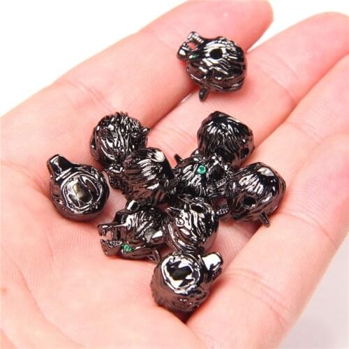 Green zircon eye animal Wolf dog head beads loose black bulk spacer accessories beads for jewelry making finding bracelet men