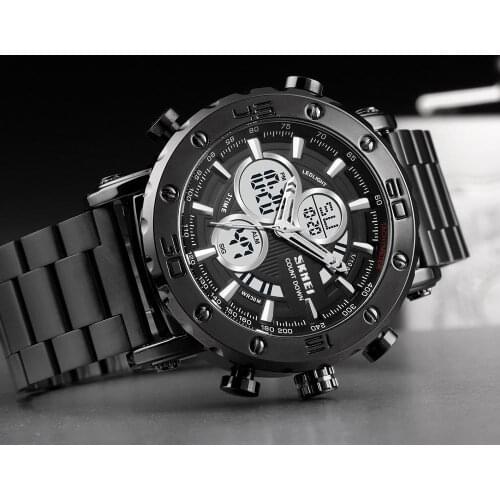 SKMEI 1636 LED Light 3 Time Quartz Mens Watch Luxury Stainless Steel Male Digital Wristwatch Stopwatch Clock Relogio Masculino