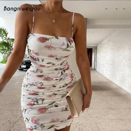 Bangniweigou elegant floral ruched slip dress women bodycon high street bandage party mini dress white outfit night club dresses